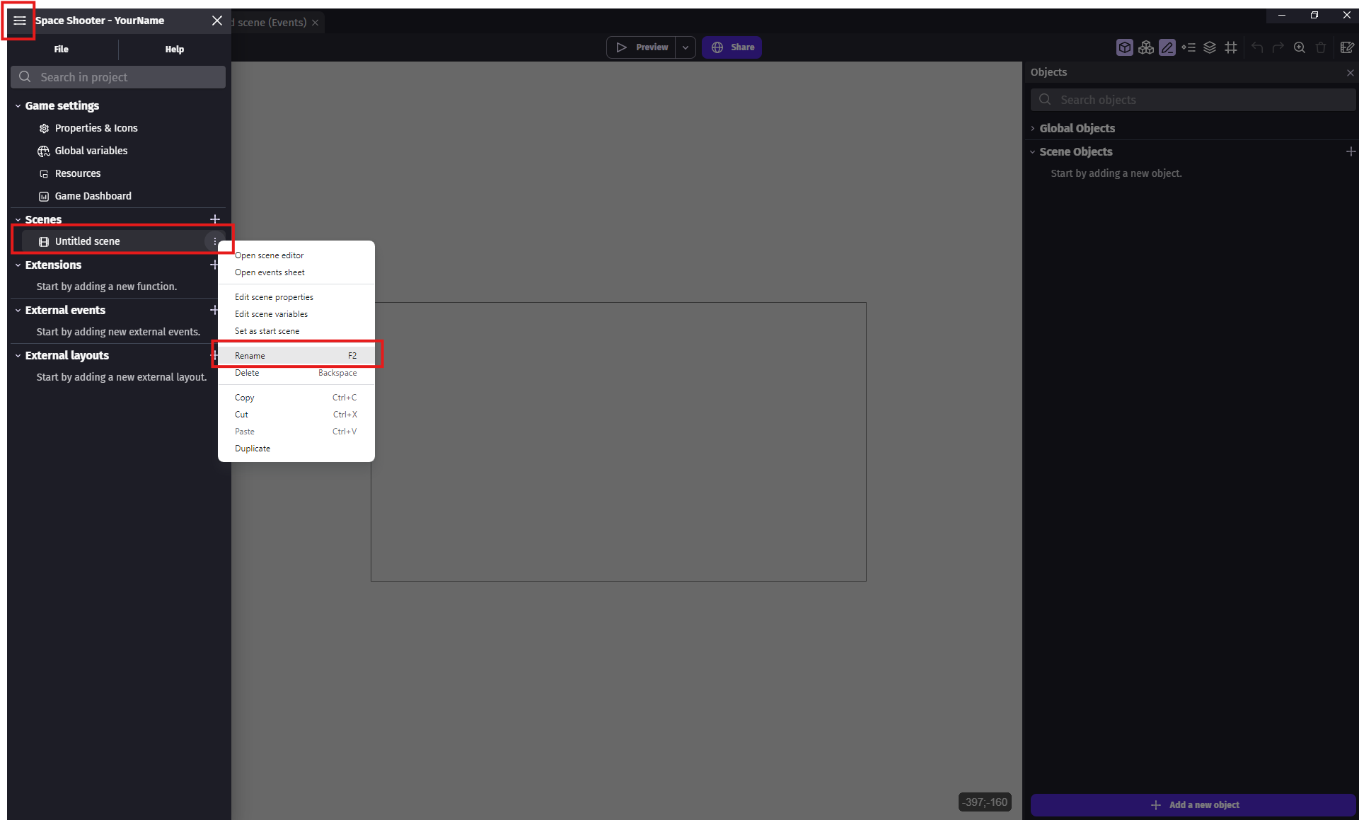 GDevelop Project Manager showing scene renamed to Level_1 (placeholder)